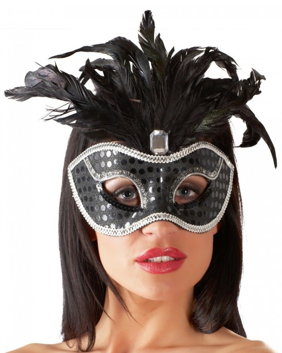 Mask with Precious Stone Sequins and Feathers